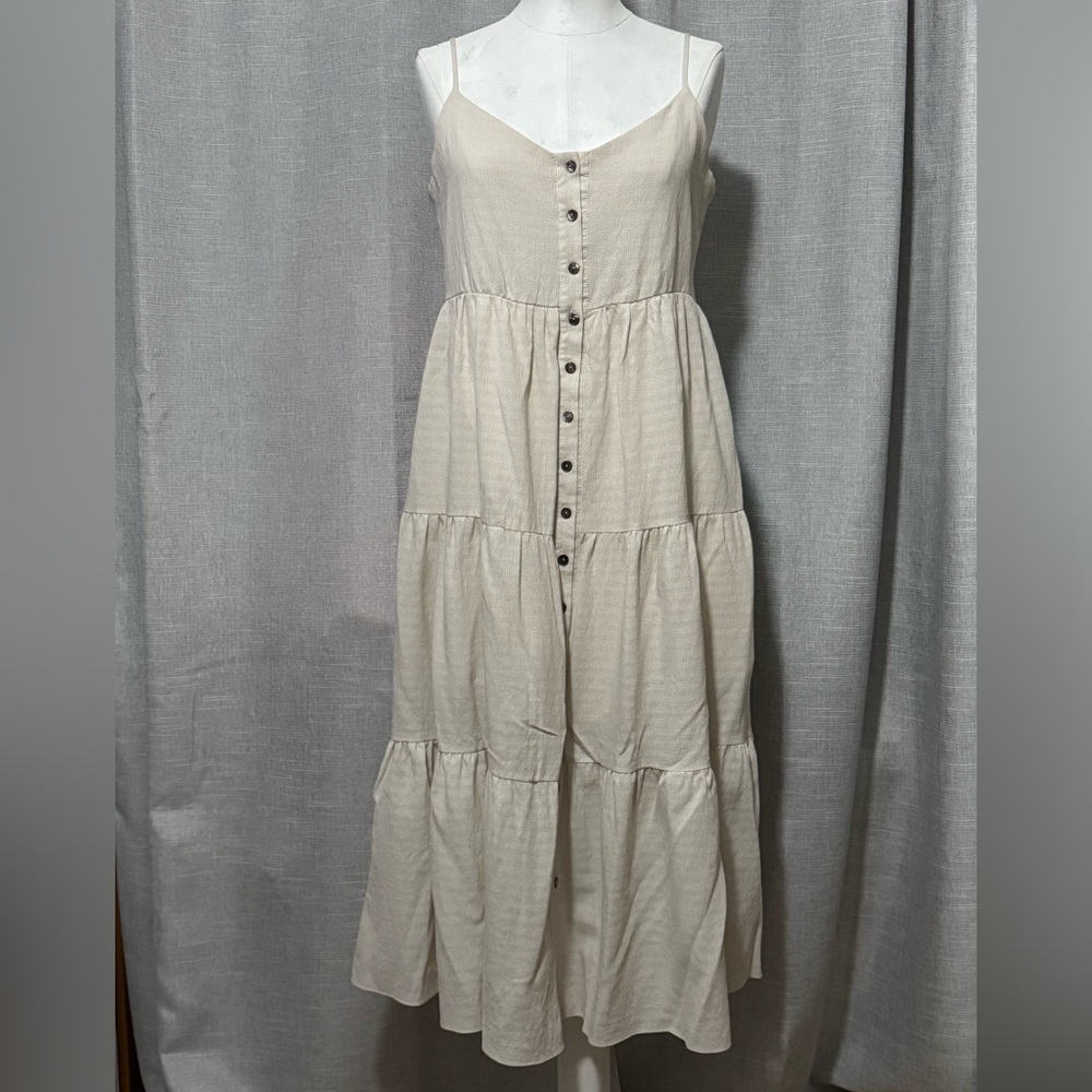 Maisie brand Dress-Tiered Sundress-Sz M-Beige-Rayon Blend-Button Up-Lined